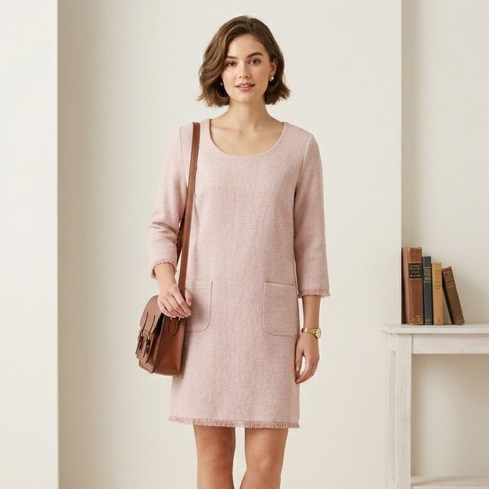 H&M Tweed Shift Dress Womens Medium Pink Fringed Hem Pockets Mod Classic Party